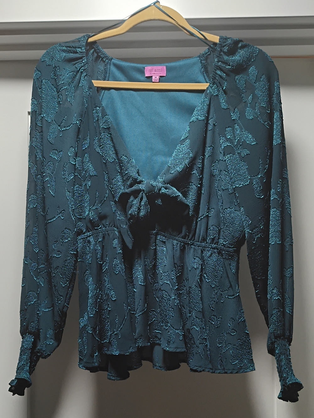 miami Teal Floral Embroidered Tie-Front Blouse